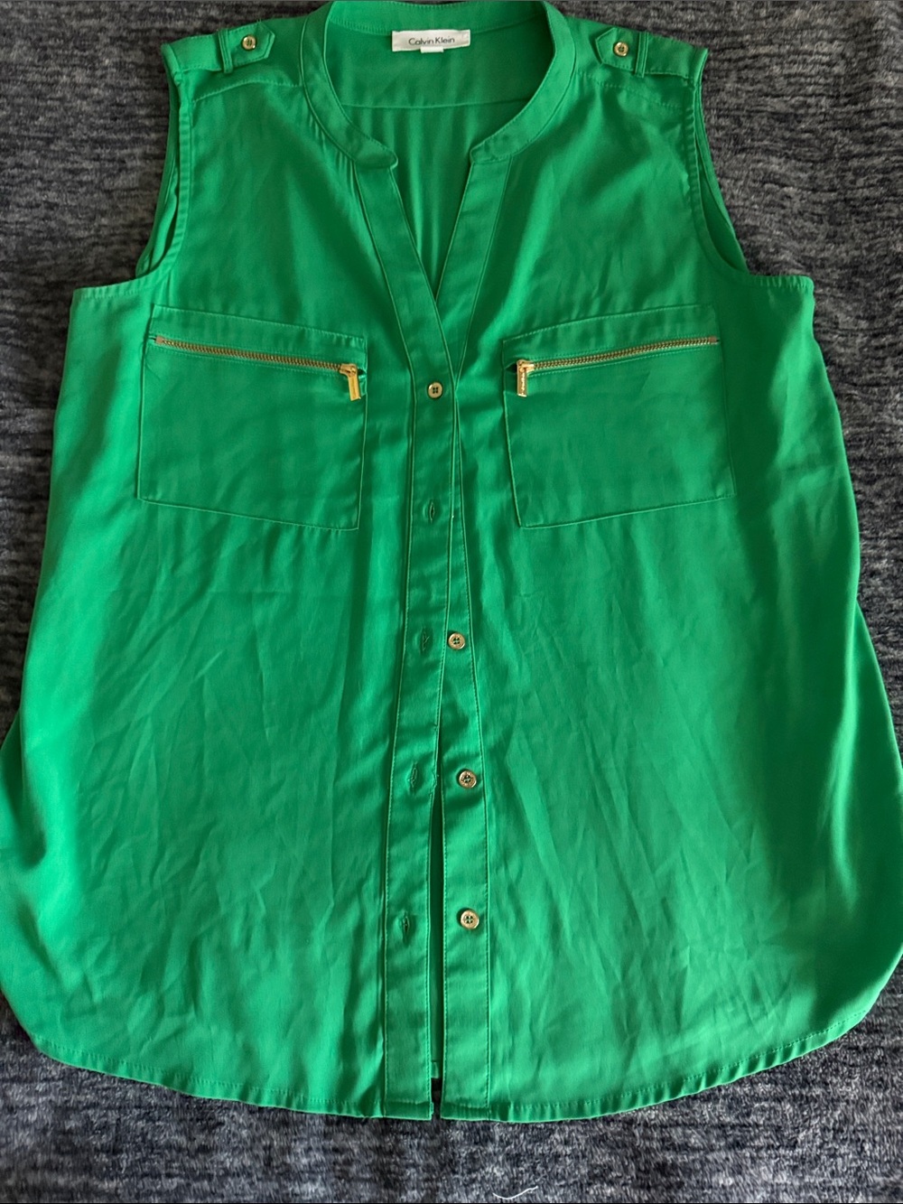 Calvin Klein Green Sleeveless Zip-Pocket Button up
